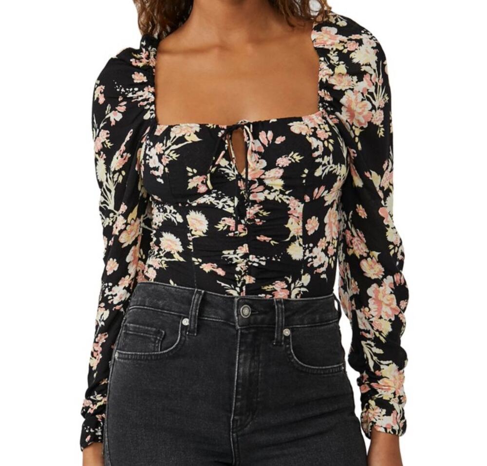 Free People Hilary Printed Floral Top Sz S Black LS Boho Feminine